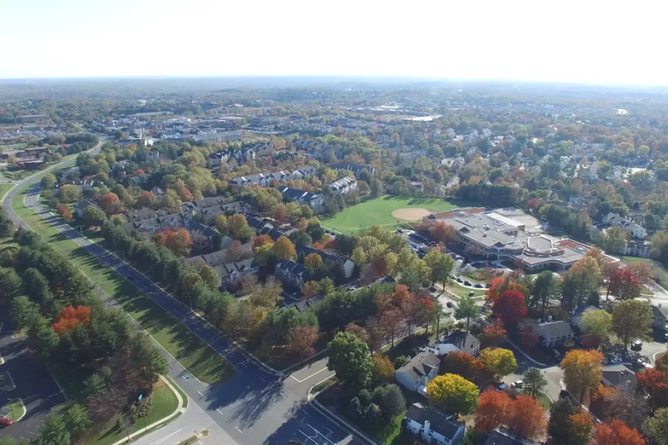Aerial view of Montgomery County, Maryland homes and trees